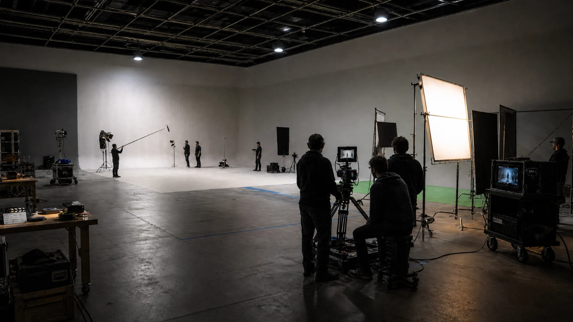 Estúdio 2 — set amplo com equipe em produção, iluminação e monitores