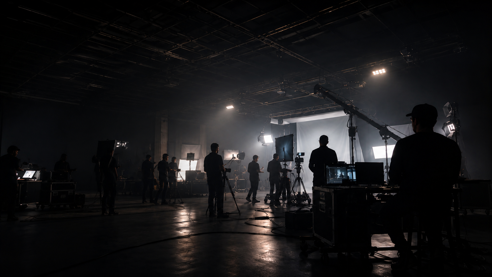 Equipe da Concept.On Studios em produção no estúdio, com iluminação e câmeras em uso